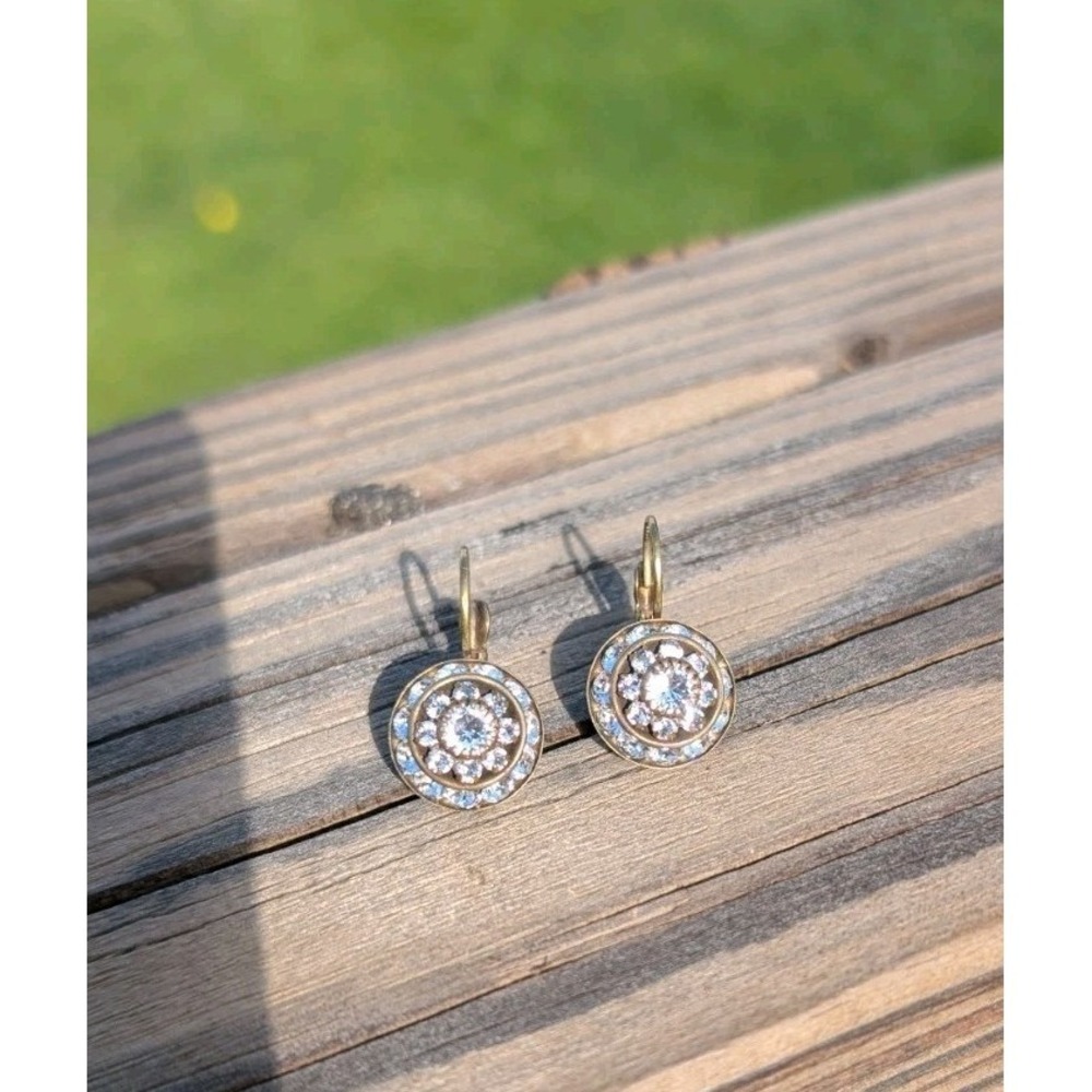 Vtg Liz Palacios Swarovski Crystals Clear & Brassy Look Lever Back Earrings